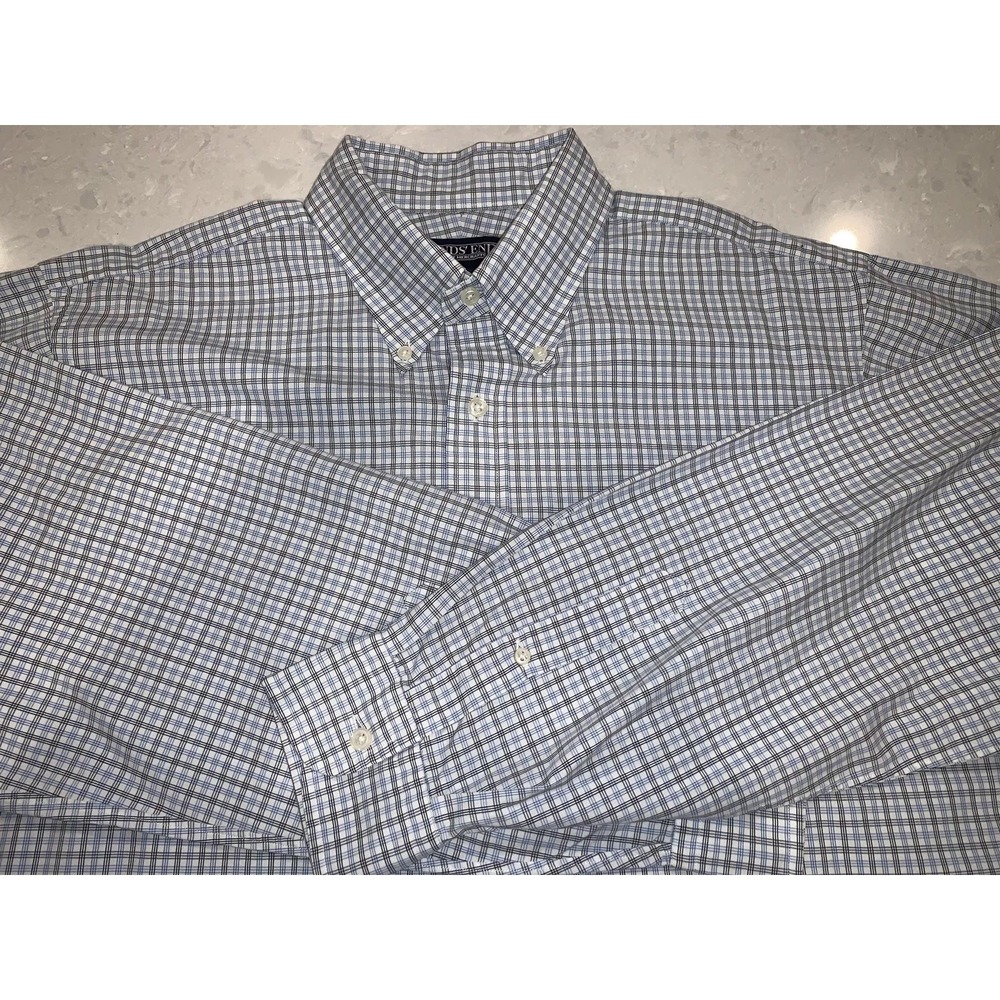 Lands End Mens Shirt 16 1/2 Button Down Blue White Check Plod Stripe Cotton